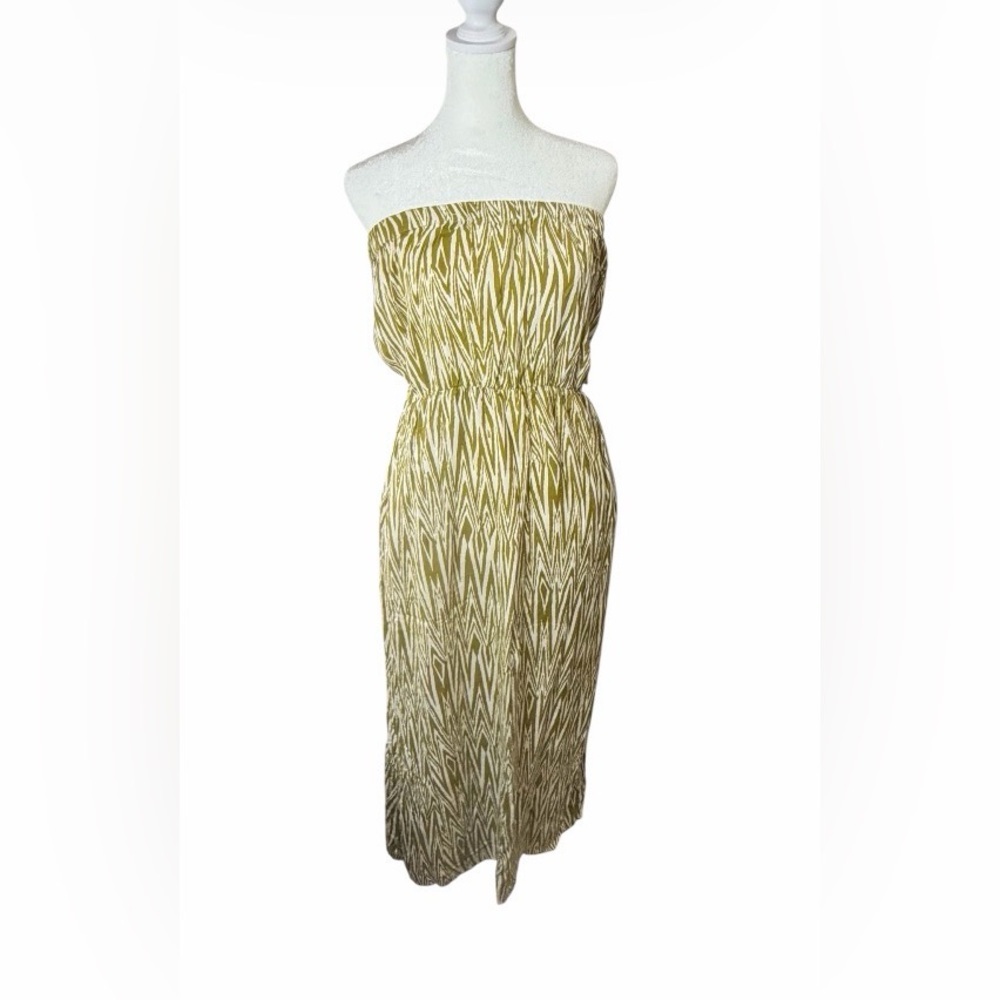 Kavu Olive Green Strapless Printed Midi Dress. Size Large.